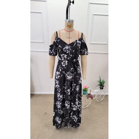 Kadın Ip Askılı Kısa Kollu Kruvaze Yakalı Yırtmaçlı Desenli Süprem Elbise, 31940