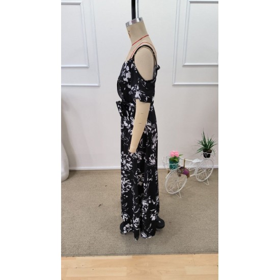 Kadın Ip Askılı Kısa Kollu Kruvaze Yakalı Yırtmaçlı Desenli Süprem Elbise, 31940