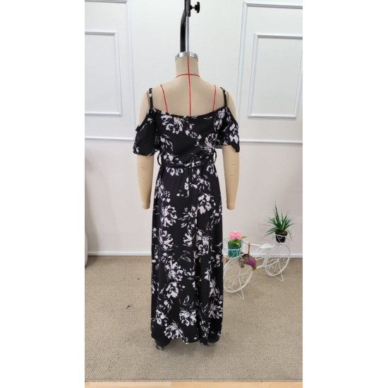 Kadın Ip Askılı Kısa Kollu Kruvaze Yakalı Yırtmaçlı Desenli Süprem Elbise, 31940