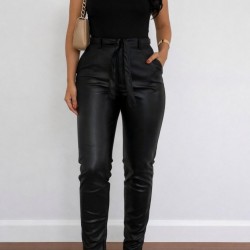 Kadın Yüksek Bel Kuşaklı Deri Pantolon , 31935