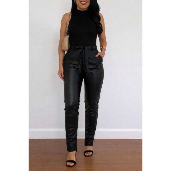 Kadın Yüksek Bel Kuşaklı Deri Pantolon , 31935