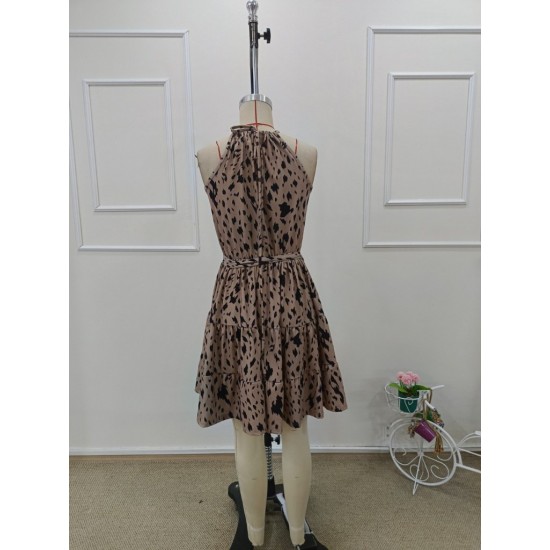 Kadın Omuzlardan Açık Boyundan Bağlamalı Beli Kuşaklı Desenli Mini Süprem Elbise , 31934