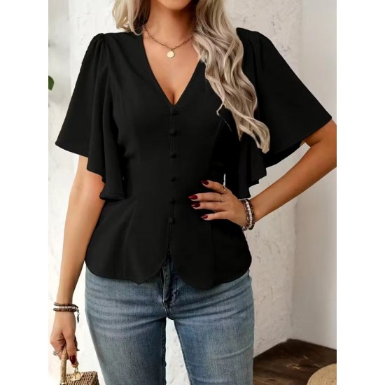 Kadın Kısa Kollu önden Düğmeli Ithal Krep Bluz , 31932 Kadın Kısa Kollu önden Düğmeli Ithal Krep Bluz , 31932