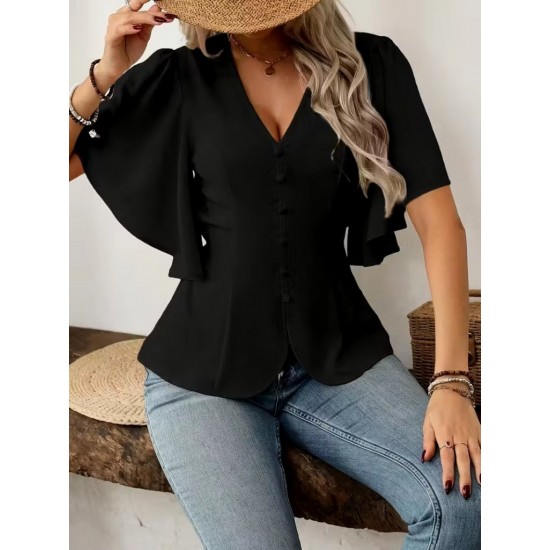 Kadın Kısa Kollu önden Düğmeli Ithal Krep Bluz , 31932 Kadın Kısa Kollu önden Düğmeli Ithal Krep Bluz , 31932