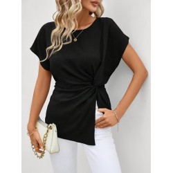 Kadın Kısa Kollu Yuvarlak Yakalı Yandan Sarmal Detaylı Bürümcük Bluz, 31964 Kadın Kısa Kollu Yuvarlak Yakalı Yandan Sarmal Detaylı Bürümcük Bluz, 31964