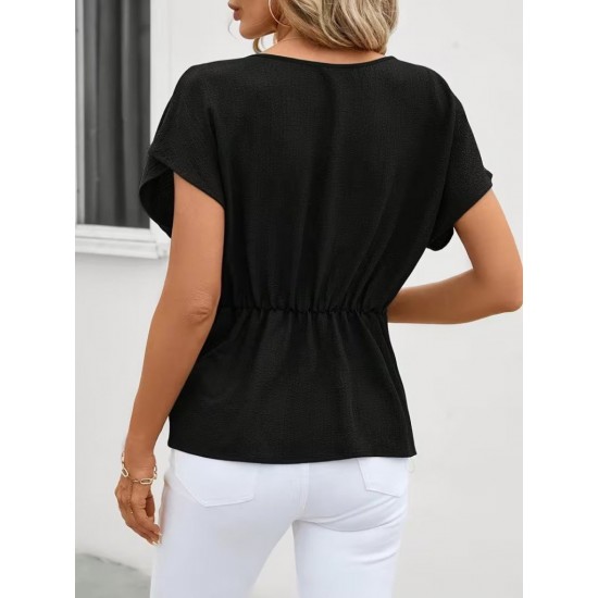 Kadın Kısa Kollu Yuvarlak Yakalı Yandan Sarmal Detaylı Bürümcük Bluz, 31964