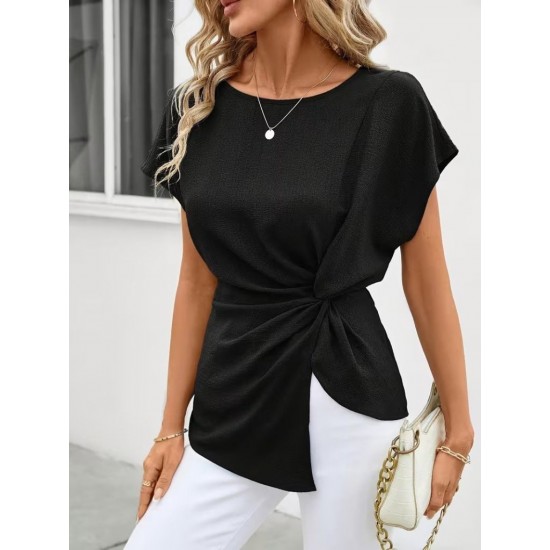 Kadın Kısa Kollu Yuvarlak Yakalı Yandan Sarmal Detaylı Bürümcük Bluz, 31964