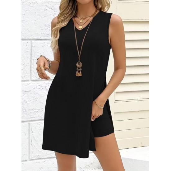 Kadın Askılı V Yakalı Yandan Yırtmaçlı Viskon Bluz Ve Short Ikili Takım , 31960