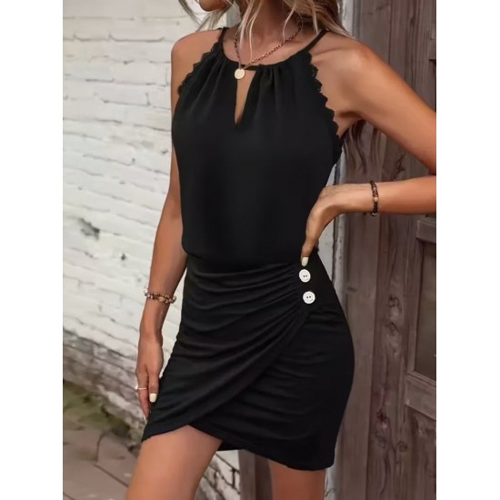 Kadın Yuvarlak Yakalı Arkadan Bağlamalı Düğme Detaylı Asimetrik Kesim Detaylı Kısa Viskon Elbise , 31955