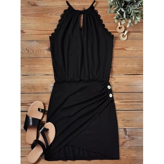 Kadın Yuvarlak Yakalı Arkadan Bağlamalı Düğme Detaylı Asimetrik Kesim Detaylı Kısa Viskon Elbise , 31955