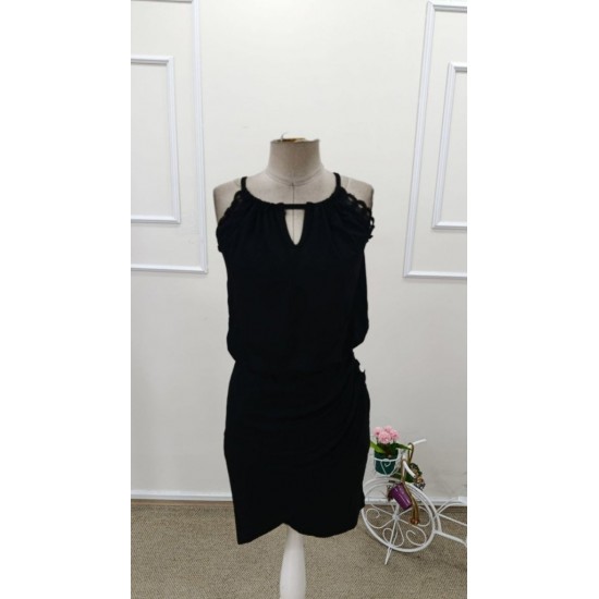 Kadın Yuvarlak Yakalı Arkadan Bağlamalı Düğme Detaylı Asimetrik Kesim Detaylı Kısa Viskon Elbise , 31955