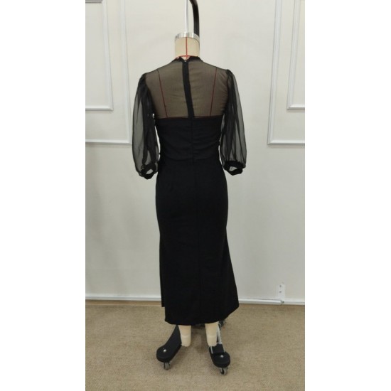 Kadın Truvakar Kollu Bisiklet Yaka Kemersiz Yırtmaç Detaylı Uzun Ithal Krep Elbise , 31954