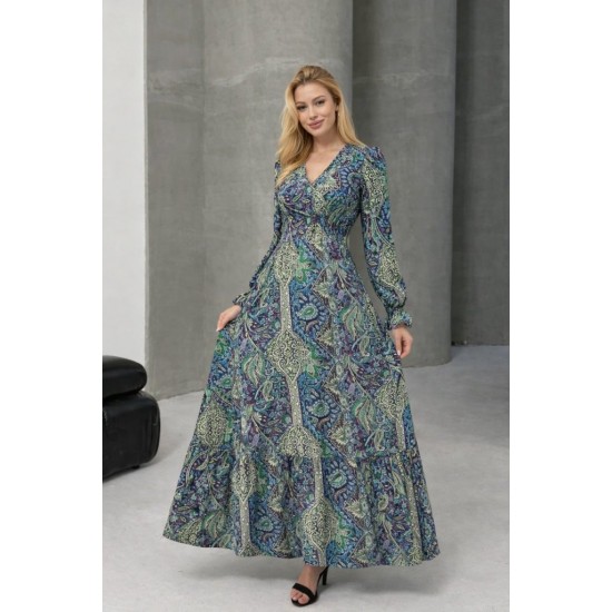 Kadın Uzun Kollu Kruvaze Yakalı Desenli Süprem Maxi Elbise, 31970