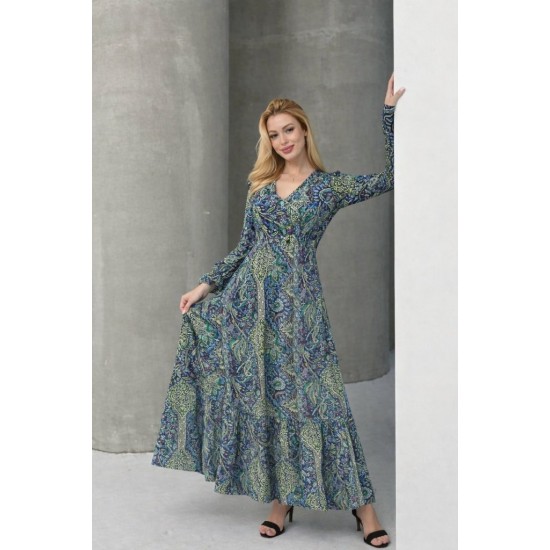 Kadın Uzun Kollu Kruvaze Yakalı Desenli Süprem Maxi Elbise, 31970