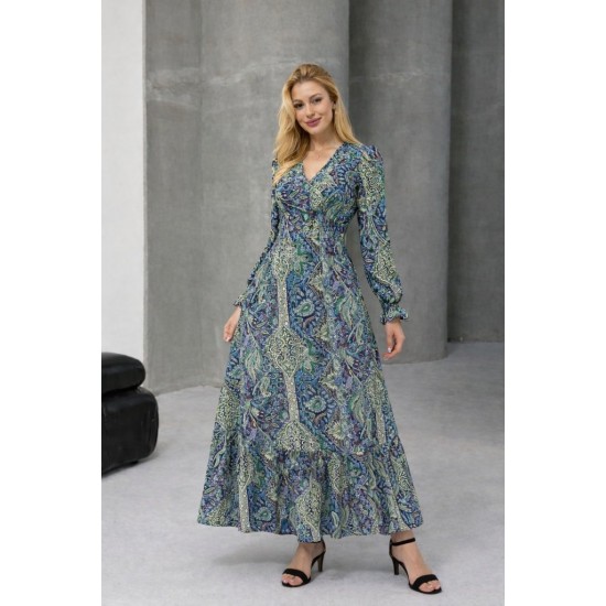 Kadın Uzun Kollu Kruvaze Yakalı Desenli Süprem Maxi Elbise, 31970