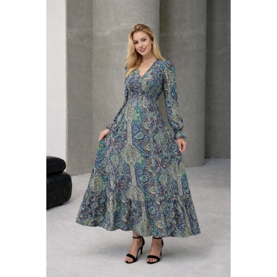 Kadın Uzun Kollu Kruvaze Yakalı Desenli Süprem Maxi Elbise, 31970