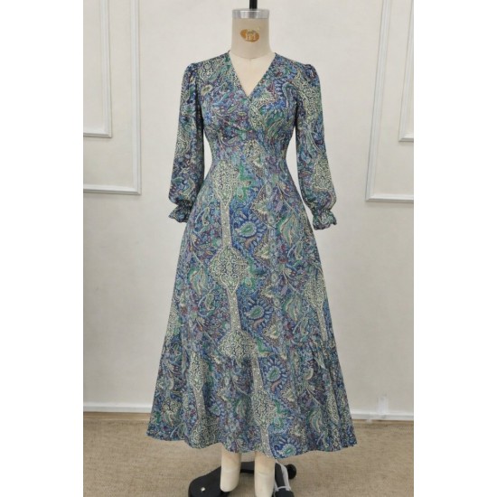 Kadın Uzun Kollu Kruvaze Yakalı Desenli Süprem Maxi Elbise, 31970