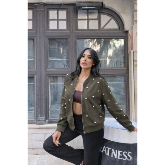 Kadın Uzun Kollu önden Fermuarlı Incili Kısa Modal Ceket , 31972 Kadın Uzun Kollu önden Fermuarlı Incili Kısa Modal Ceket , 31972