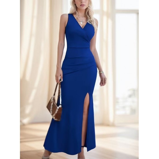 Kadın Ip Askılı Kruvaze Yakalı Yırtmaçlı Uzun Ithal Krep Elbise, 31988