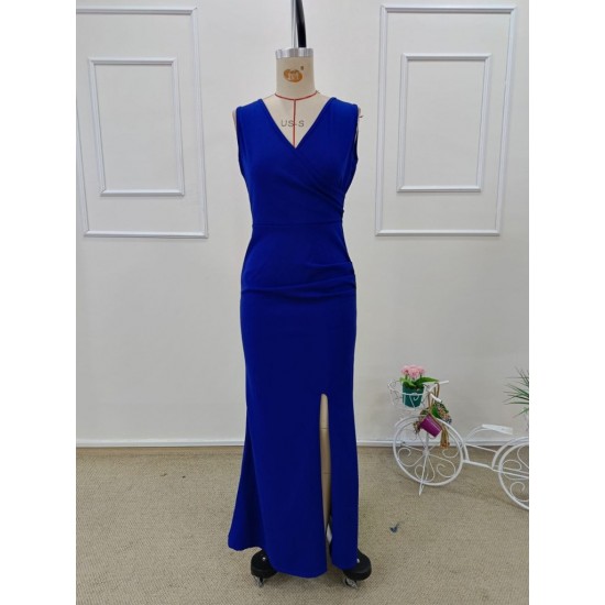 Kadın Ip Askılı Kruvaze Yakalı Yırtmaçlı Uzun Ithal Krep Elbise, 31988