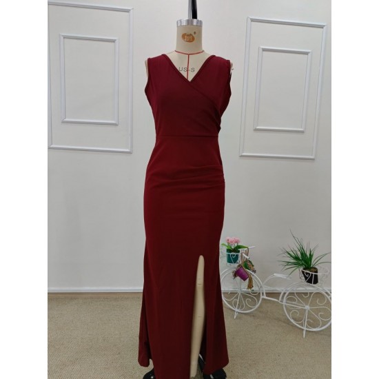 Kadın Ip Askılı Kruvaze Yakalı Yırtmaçlı Uzun Ithal Krep Elbise, 31987