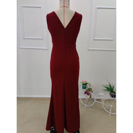 Kadın Ip Askılı Kruvaze Yakalı Yırtmaçlı Uzun Ithal Krep Elbise, 31987