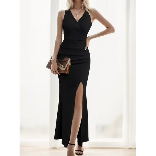 Kadın Ip Askılı Kruvaze Yakalı Yırtmaçlı Uzun Ithal Krep Elbise, 31985