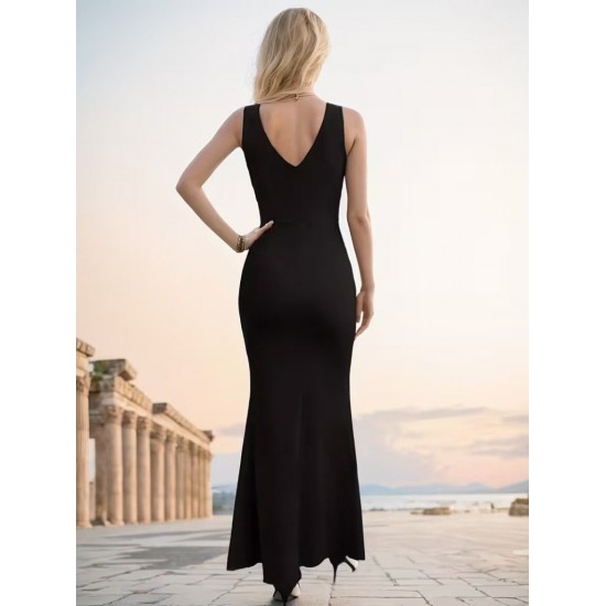 Kadın Ip Askılı Kruvaze Yakalı Yırtmaçlı Uzun Ithal Krep Elbise, 31985