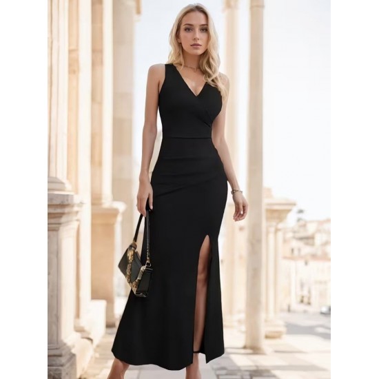 Kadın Ip Askılı Kruvaze Yakalı Yırtmaçlı Uzun Ithal Krep Elbise, 31985