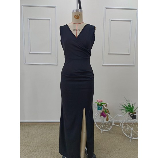 Kadın Ip Askılı Kruvaze Yakalı Yırtmaçlı Uzun Ithal Krep Elbise, 31985