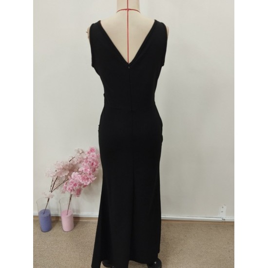 Kadın Ip Askılı Kruvaze Yakalı Yırtmaçlı Uzun Ithal Krep Elbise, 31985