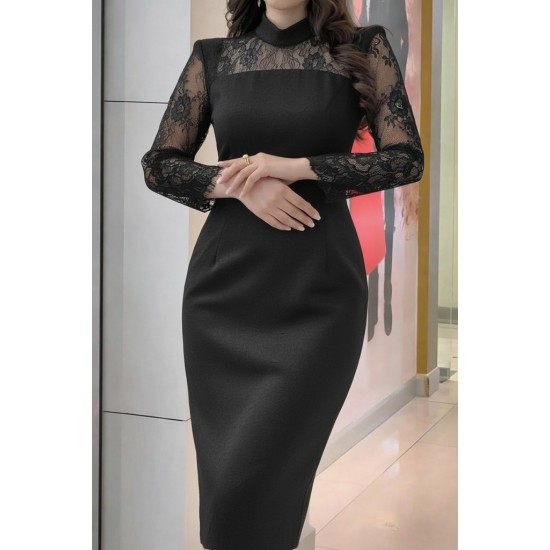 Kadın Uzun Kollu Balıkçı Yaka Dantel Detaylı Midi Ithal Krep Elbise , 31981