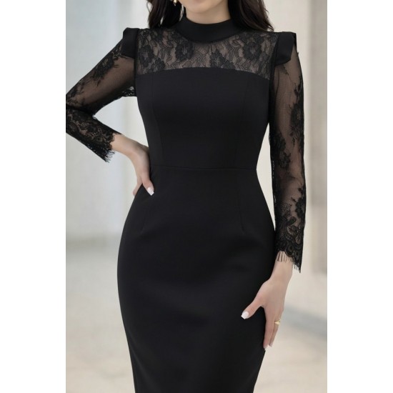 Kadın Uzun Kollu Balıkçı Yaka Dantel Detaylı Midi Ithal Krep Elbise , 31981