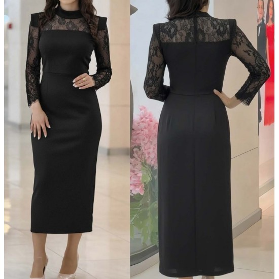 Kadın Uzun Kollu Balıkçı Yaka Dantel Detaylı Midi Ithal Krep Elbise , 31981