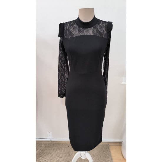 Kadın Uzun Kollu Balıkçı Yaka Dantel Detaylı Midi Ithal Krep Elbise , 31981