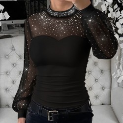 Kadın Uzun Kollu Yarı Balıkçı Yaka Taşlı Sandy Bluz , 32003 Kadın Uzun Kollu Yarı Balıkçı Yaka Taşlı Sandy Bluz , 32003