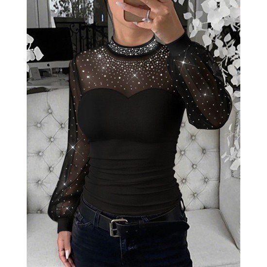 Kadın Uzun Kollu Yarı Balıkçı Yaka Taşlı Sandy Bluz , 32003