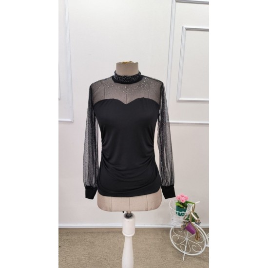 Kadın Uzun Kollu Yarı Balıkçı Yaka Taşlı Sandy Bluz , 32003