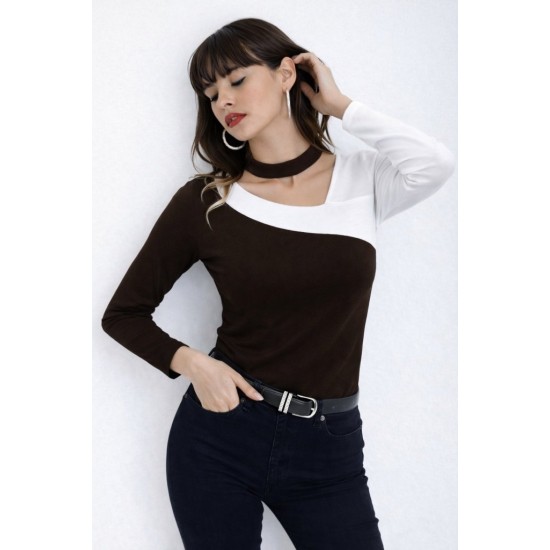 Kadın Uzun Kollu Geometrik Yaka Detaylı çift Renkli Viskon Bluz , 32002