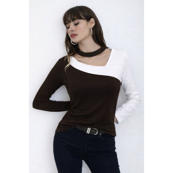 Kadın Uzun Kollu Geometrik Yaka Detaylı çift Renkli Viskon Bluz , 32002