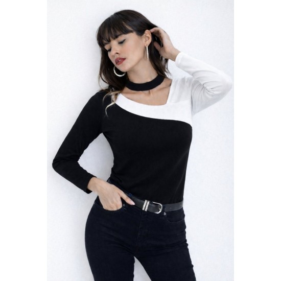 Kadın Uzun Kollu Geometrik Yaka Detaylı çift Renkli Viskon Bluz , 32001