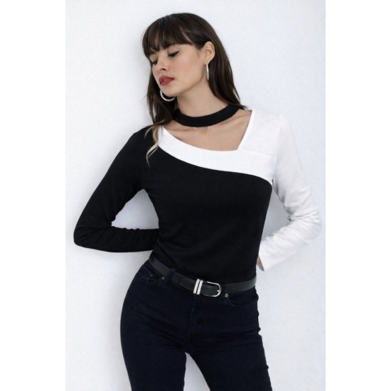 Kadın Uzun Kollu Geometrik Yaka Detaylı çift Renkli Viskon Bluz , 32001