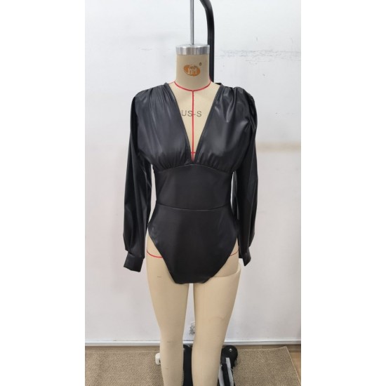 Kadın Uzun Kollu Derin V Yakalı Deri Zıbın, 31999