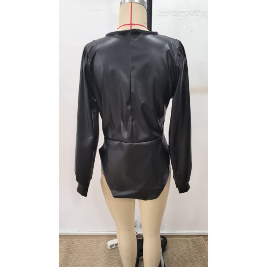 Kadın Uzun Kollu Derin V Yakalı Deri Zıbın, 31999