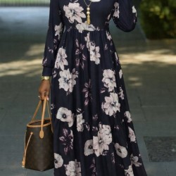 Kadın Uzun Kollu V Yakalı çiçek Desenli Maxi Süprem Elbise , 31994 Kadın Uzun Kollu V Yakalı çiçek Desenli Maxi Süprem Elbise , 31994