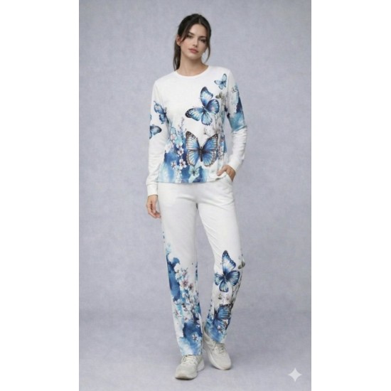 Kadın Uzun Kollu Bisiklet Yaka Kelebek Desenli Süprem Alt üst Takım, 31992