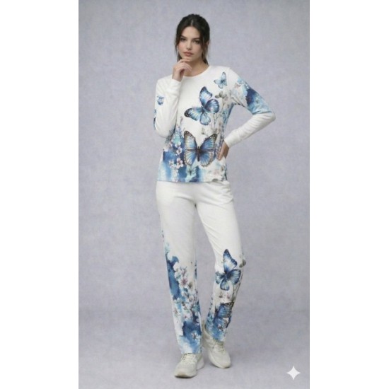 Kadın Uzun Kollu Bisiklet Yaka Kelebek Desenli Süprem Alt üst Takım, 31992