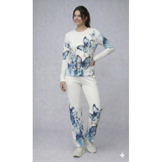 Kadın Uzun Kollu Bisiklet Yaka Kelebek Desenli Süprem Alt üst Takım, 31992