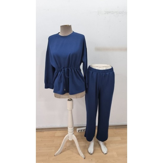 Kadın Uzun Kollu Bisiklet Yaka Belden Büzgülü Bağcıklı Viskon Iki Iplik Bluz Ve Pantolon Ikili Takım , 32057