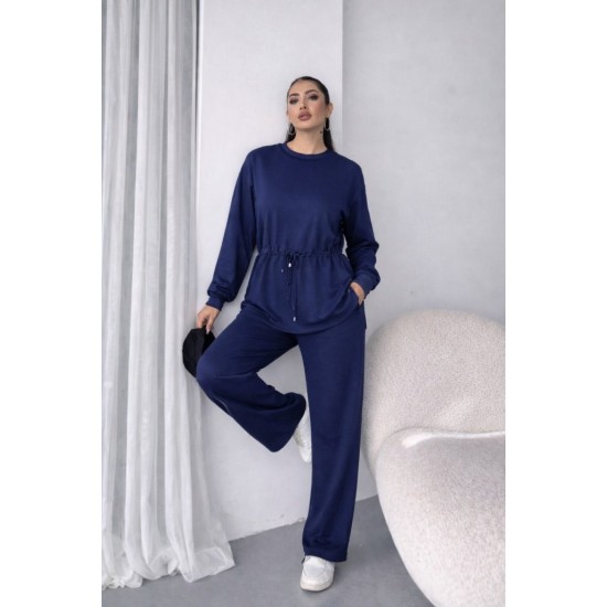 Kadın Uzun Kollu Bisiklet Yaka Belden Büzgülü Bağcıklı Viskon Iki Iplik Bluz Ve Pantolon Ikili Takım , 32057